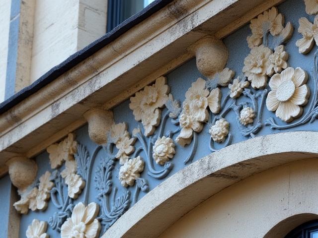 Nahaufnahme eines komplexen, floral gemusterten architektonischen Keramikfrieses in einem gedeckten Blauton.