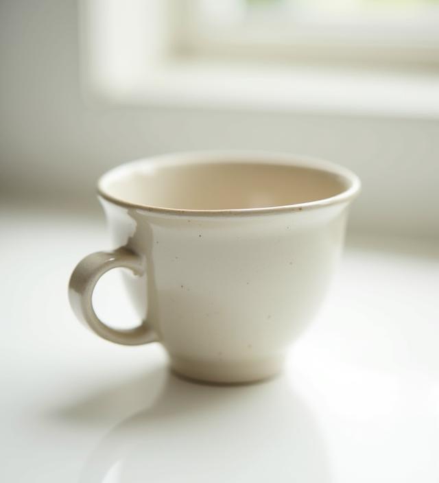 Eine einzelne, saubere, cremefarbene Keramiktasse mit einem dicken Rand und interessantem Henkel.