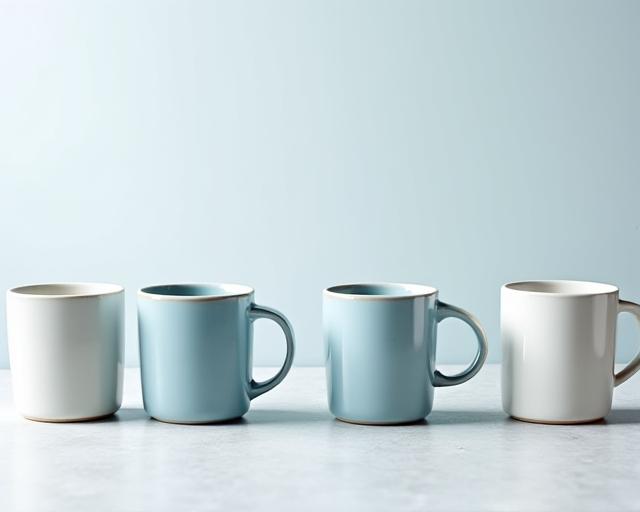 Ein Set von vier übereinstimmenden Keramik-kaffeebechern mit einer hellblauen, eisigen Glasur.