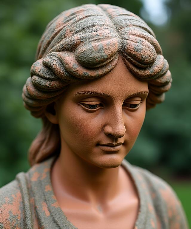 Nahaufnahme des restaurierten Kopfes einer Terrakotta-Gartenstatue mit weichen, verwitterten Details.