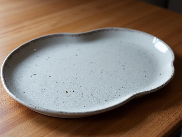 Eine große, flache, runde Servierplatte aus gesprenkeltem grauem Steinzeug auf einem Eichentisch.