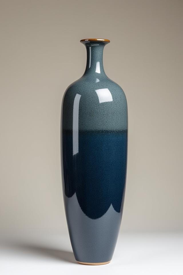 Eine elegante, hohe Steinzeugvase in tiefem Blau und Grau, isoliert auf einem neutralen Hintergrund.