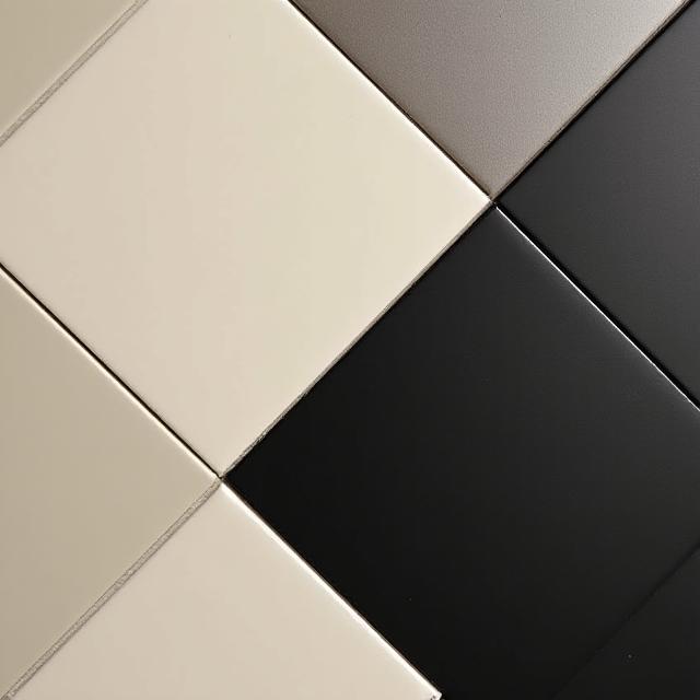 Ein Mosaik aus handgefertigten, mattschwarzen und cremefarbenen Keramikfliesen in einem modernen, geometrischen Muster.