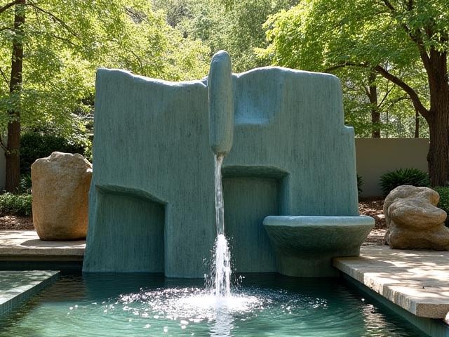 Große, glasierte architektonische Keramikinstallation, die einen Brunnen darstellt.