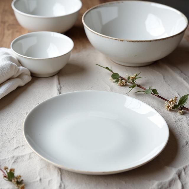 Elegantes, minimalistisches Keramikgeschirr-Set auf einem Holztisch.