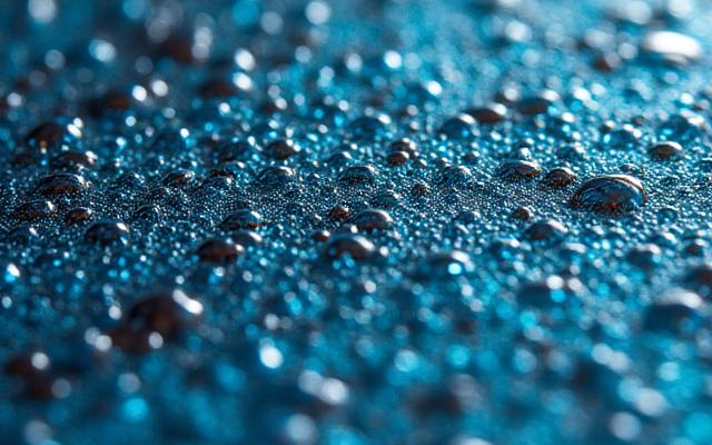 Mikroskopische Aufnahme einer komplexen, kristallinen Glasurstruktur in Blau- und Grüntönen