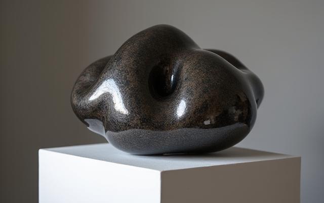 Abstrakte, organische Steinzeugskulptur auf einem Sockel, metallischer Glanz