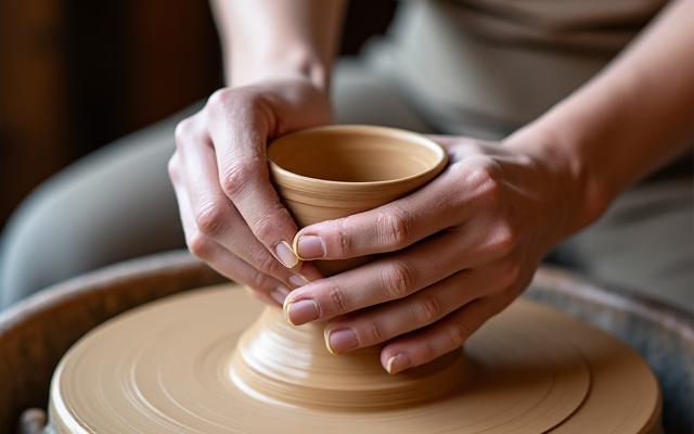 Nahaufnahme einer kunstvollen Töpferscheibe und geformter Keramik, warme Erdtöne