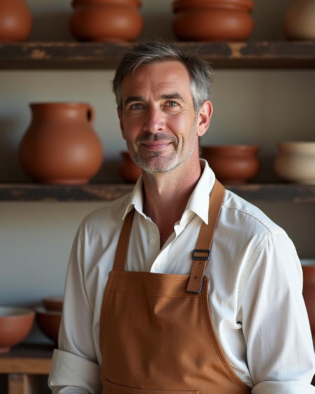 Ein Portrait des Gründers, Herrn Kaspar Steiner, vor einem Regal mit historischen Keramikstücken.